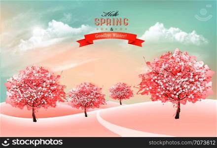 Spring nature background with blossom cherry trees and sky with clouds. Vector.