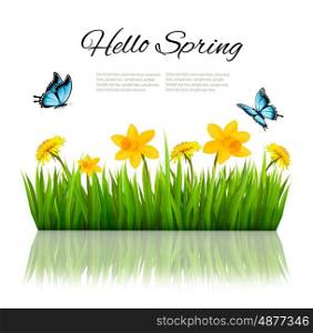 Spring nature background with green grass, flowers and a butterfly. Vector.