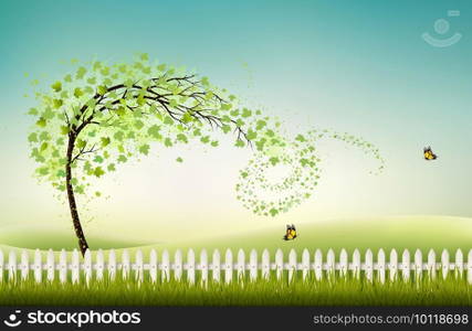 Spring nature background with green treeand landscape. Vector.
