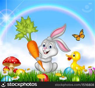 Spring nature background with Rabbit and duck