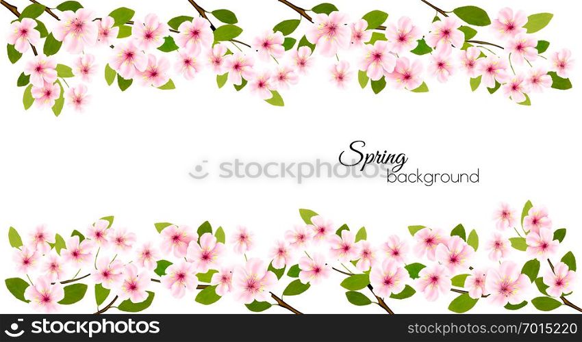Spring nature frame with a pink blooming cherry. Vector.