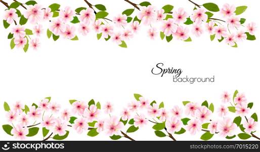 Spring nature frame with a pink blooming cherry. Vector.