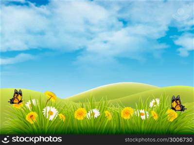 Spring nature landscape background with flowers and butterflies. Vector.