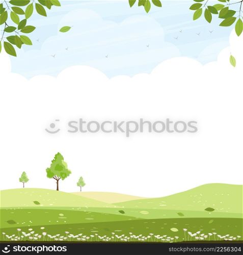 Spring nature landscape with flying birds,cloud, blue sky over green field with trees and leave on boarder. Vector Scenery background, Summer rural or Spring meadow with wild flower,Easter banner
