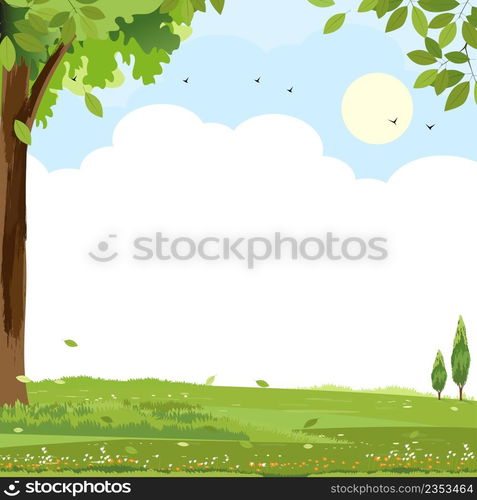 Spring nature landscape with flying birds,cloud, blue sky over green field with trees and leave on boarder. Vector Scenery background, Summer rural or Spring meadow with wild flower,Easter banner