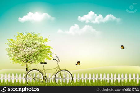 Spring nature meadow landscape with a bicycle. Vector.
