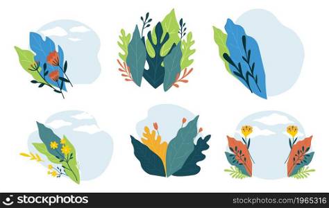 Spring or summer blooming flowers and foliage, isolated ornaments and adornment tropical and exotic botany. Greeting or invitation card design with leafage bouquet motifs. Vector in flat style. Flowers and foliage in blossom, spring blooming