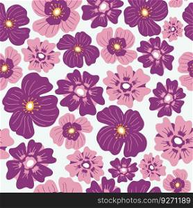 Spring or summer blooming flowers, flourishing decoration. Floral botany design, flora and blossom with wildflowers petals. Seamless pattern, wallpaper or background print. Vector in flat style. Blooming flowers seamless pattern print vector