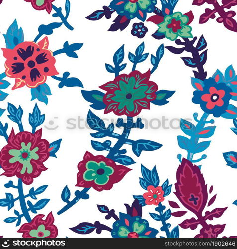 Spring or summer blossom, seamless pattern of flourishing plants with leaves and foliage. Decorative print or background, florist composition and botany trendy decor for card. Vector in flat style. Blooming spring or summer flowers vivid pattern