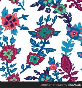 Spring or summer blossom, seamless pattern of flourishing plants with leaves and foliage. Decorative print or background, florist composition and botany trendy decor for card. Vector in flat style. Blooming spring or summer flowers vivid pattern