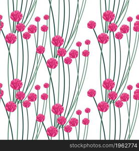 Spring or summer flowers in blossom, leaves and buds with stems. Greenery and biodiversity of nature. Seamless pattern or background, print or repeatable motif wallpaper. Vector in flat style. Flowers in bloom, flora and foliage pattern vector