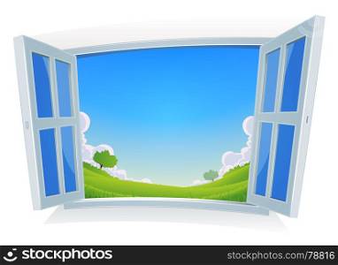 Spring Or Summer Landscape By The Window. Illustration of a spring or summer season landscape, seen from home by opended windows with blue sky background