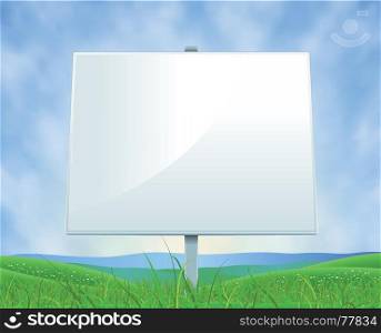 Spring Or Summer Landscape White Billboard. Illustration of an horizontal spring or summer blank white billboard sign on a country valley landscape background, for nature and season advertisement