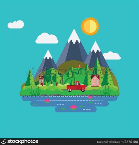 Spring or summer landscape with green hills and trees near big mountains, houses, red pickup truck illustration.