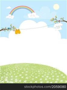 Spring or Summer landscape with rainbow and blue sky,Kids clothes hanging on the branches tree, Banner template with copy spave for Spring season, Summer time or Easter concept