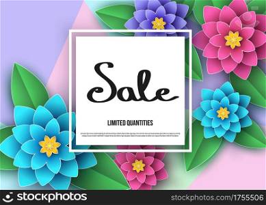 Spring or summer season discount banner with beautiful flowers. Trendy floral colorful background. Vector paper cut graphic design elements for promotion offer, fashion, greeting card.