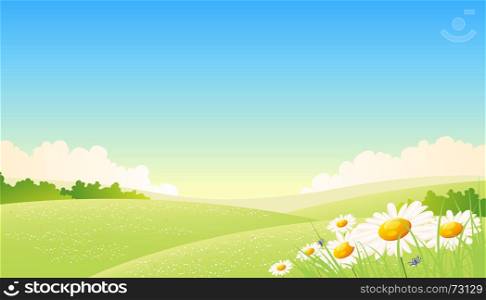 Spring Or Summer Seasons Poster. Illustration of a summer or spring seasonal landscape poster background, with flowers at the foreground