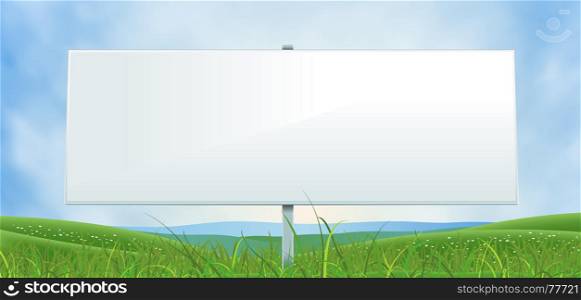 Spring Or Summer Wide White Billboard. Illustration of an horizontal spring or summer blank large and wide white billboard sign on a country valley landscape background, for nature and season advertisement