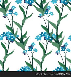 Spring or summer wildflower botany with leaves and foliage. Decorative botanic ornament or motif, feminine seamless pattern or background, print or repeatable wallpaper. Vector in flat style. Summer wildflower botany with leaves background