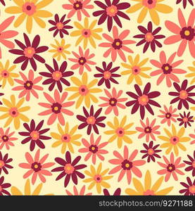 Spring or summer wildflowers in blossom, blooming flora, botany and decoration. Flowers with tender petals and foliage. Seamless pattern, wallpaper, or background print. Vector in flat style. Flowers in blossom, spring or summer decoration