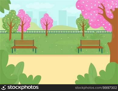Spring park flat color vector illustration. City street with blossoming trees. Blooming flowers. Public garden street, sidewalk with benches. Springtime 2D cartoon cityscape with skyline on background. Spring park flat color vector illustration