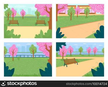 Spring park flat color vector illustration set. Street with blooming trees. Pink flowers. Town lawn, meadow. Outdoor recreation. Springtime 2D cartoon cityscape with skyline on background collection. Spring park flat color vector illustration set