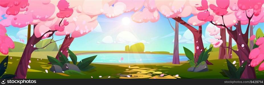 Spring park with sakura and small lake. Vector cartoon illustration of beautiful natural landscape of cherry blossom trees in bloom, pink flower petals in air, sunlight rays over clear blue water. Spring park with sakura and small lake