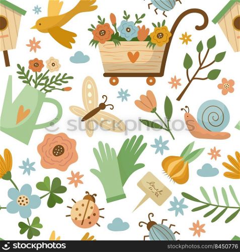 Spring pattern. Season seamless background with floral design decorative spring symbols bushes leaves and branches birds recent vector template. Illustration of spring decoration garden pattern. Spring pattern. Season seamless background with floral design decorative spring symbols bushes leaves and branches birds recent vector template