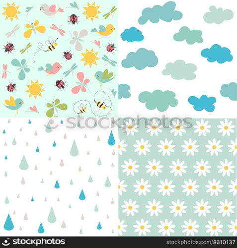Spring patterns. Vector seamless backgrounds.