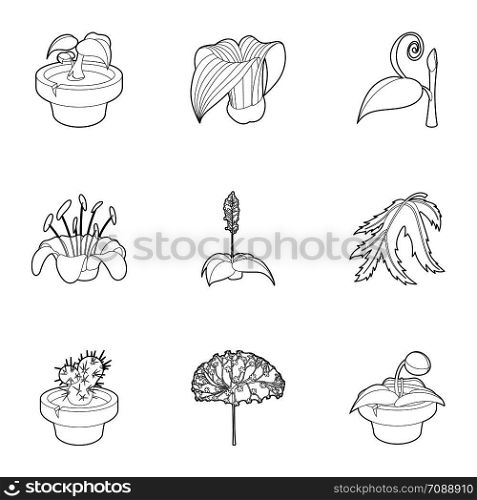 Spring plants icons set. Outline set of 9 spring plants vector icons for web isolated on white background. Spring plants icons set, outline style