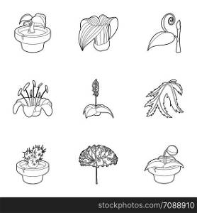 Spring plants icons set. Outline set of 9 spring plants vector icons for web isolated on white background. Spring plants icons set, outline style
