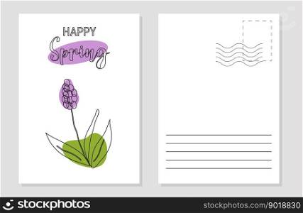Spring postcard layout line art. Template. Color. Vector flat illustration.