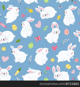 Spring rabbit seamless pattern. Easter toddler funny bunny, cartoon bunnies decorations. Cute animals, flowers, hearts and color eggs, vector background. Illustraton of seamless pattern rabbit easter. Spring rabbit seamless pattern. Easter toddler funny bunny, cartoon bunnies decorations. Cute animals, flowers, hearts and color eggs, neoteric vector background