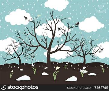 Spring rain in the forest. Vector illustration