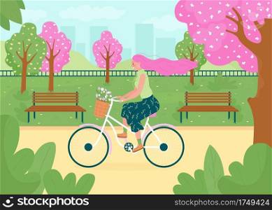 Spring recreational activity flat color vector illustration. Happy bicyclist. Flowers on trees, in bike basket. Outdoor activity. Woman on bicycle 2D cartoon character with landscape on background. Spring recreational activity flat color vector illustration