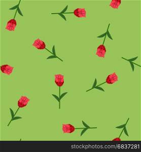 Spring Red Flower Seamless Pattern on Green Background. Spring Red Flower Seamless Pattern