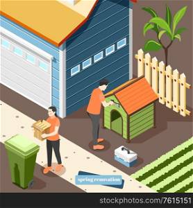 Spring renovation isometric background with family couple working outdoor in country house throw away garbage and repairing doghouse vector illustration