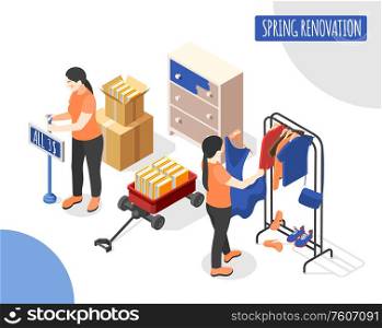 Spring renovation isometric background with saleswomen updating new collection of female clothes in shop trading hall vector illustration