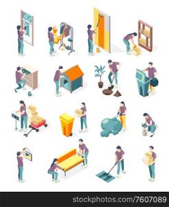 Spring renovation isometric color icons set of people working in garden throw away garbage repairing doghouse isolated vector illustration
