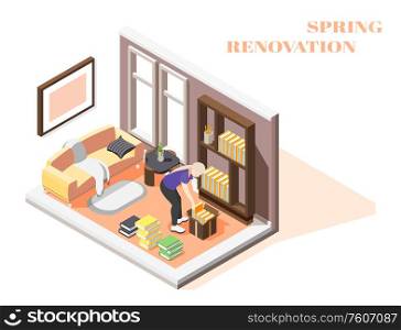 Spring renovation isometric composition with woman performing general cleaning of her room vector illustration