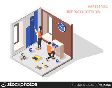 Spring renovation isometric composition with young couple working together in home interior vector illustration