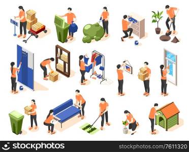Spring renovation isometric icons set of people taking out trash repainting furniture bonding wallpaper on room walls isolated vector illustration