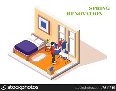 Spring renovation isometric interior with young woman sorting clothes in dressing area of her bedroom vector illustration