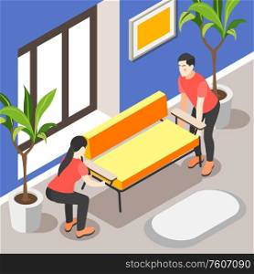 Spring renovation isometric poster with family couple updating interior of their home vector illustration