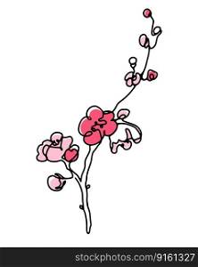 Spring sakura blooming branch one line art drawing with abstract pink color spots design. Outline vector illustration. 