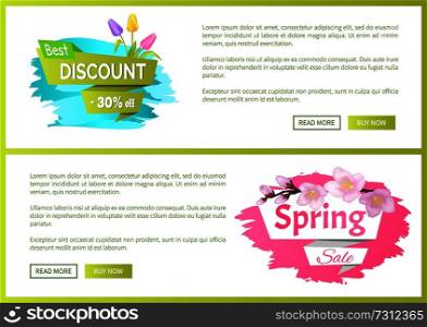 Spring sale advertisement label with branch of sakura or cherry blooming flowers and tulips vector posters set. Pink blossoms symbol of springtime. Spring Sale Advertisement Label Branch of Sakura