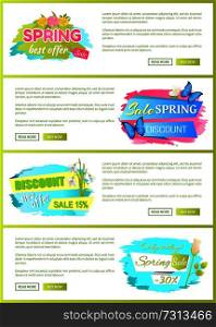 Spring sale advertisement labels on web posters with daisies, blue butterflies, snowdrops and rose flowers vector springtime blossoms on discounts. Spring Sale Advertisement Labels on Web Posters