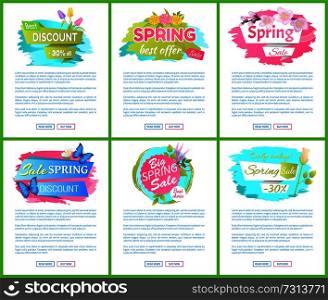 Spring sale advertisement tag labels tulip bouquets, color daisies, sakura branch, butterflies and lavender, rose flower on sticker, vector web posters. Spring Sale Advertisement Tag Labels Tulip Bouquet