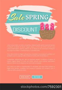 Spring sale and discount advertisement webpage decorated by basket of lilacs, website with links and natural decoration, springtime symbol vector. Basket Flowers, Spring Sale Discount, Plant Vector