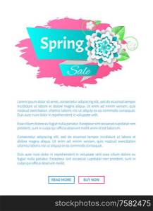 Spring sale and discount web page with colorful flower. Holiday bright website with decoration of blossom and links read more and buy now vector poster. Spring Sale and Discount Page with Flowers Vector